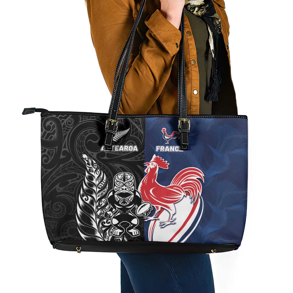 France And New Zealand Rugby Leather Tote Bag Les Bleus Rooster With Maori Tiki - Polynesian Pride