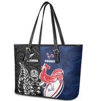 France And New Zealand Rugby Leather Tote Bag Les Bleus Rooster With Maori Tiki - Polynesian Pride