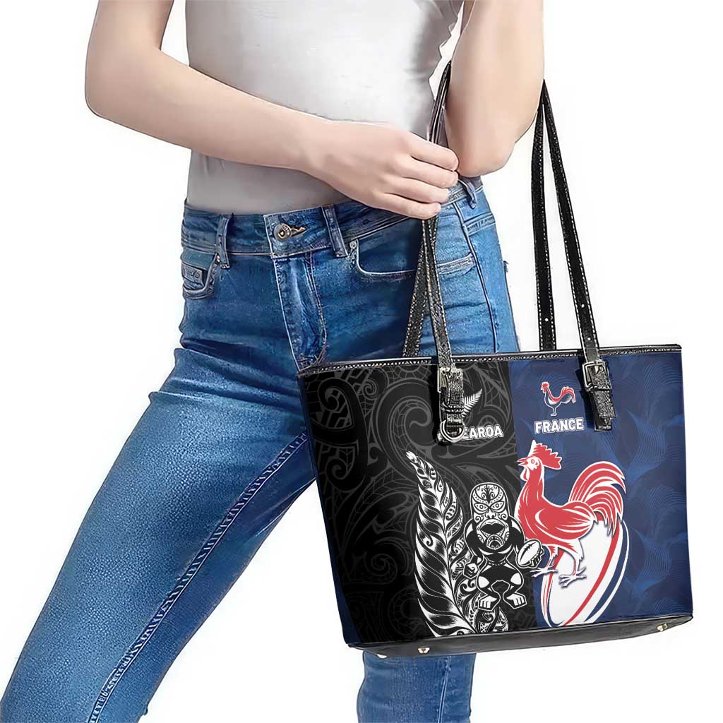 France And New Zealand Rugby Leather Tote Bag Les Bleus Rooster With Maori Tiki - Polynesian Pride