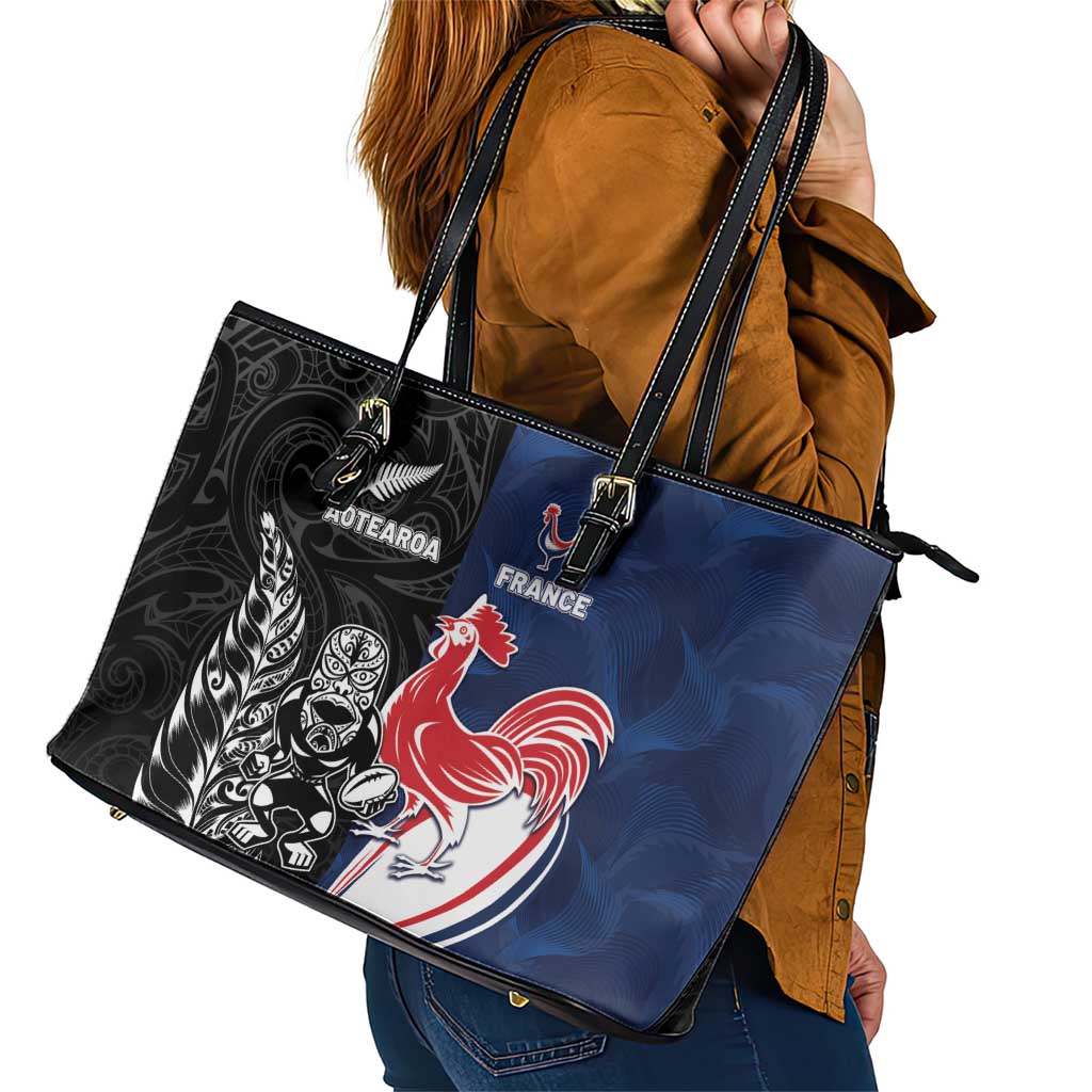 France And New Zealand Rugby Leather Tote Bag Les Bleus Rooster With Maori Tiki - Polynesian Pride