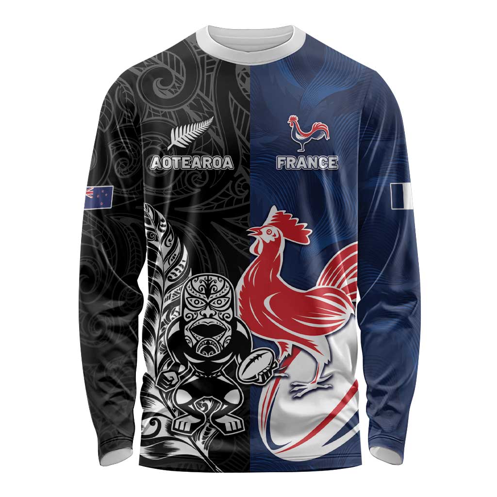 France And New Zealand Rugby Custom Long Sleeve Shirt Les Bleus Rooster With Maori Tiki - Polynesian Pride
