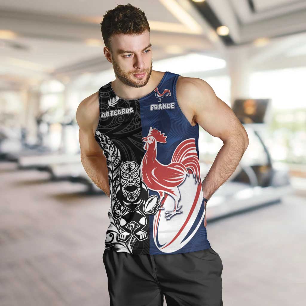France And New Zealand Rugby Custom Men Tank Top Les Bleus Rooster With Maori Tiki - Polynesian Pride