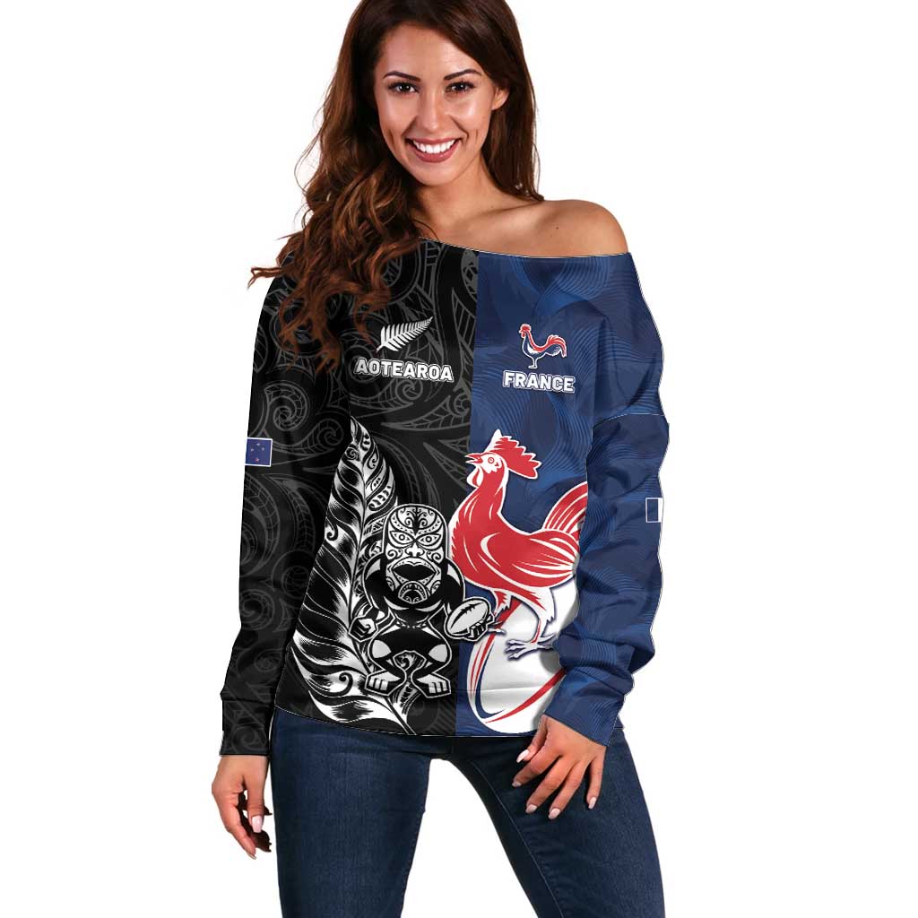 France And New Zealand Rugby Custom Off Shoulder Sweater Les Bleus Rooster With Maori Tiki - Polynesian Pride