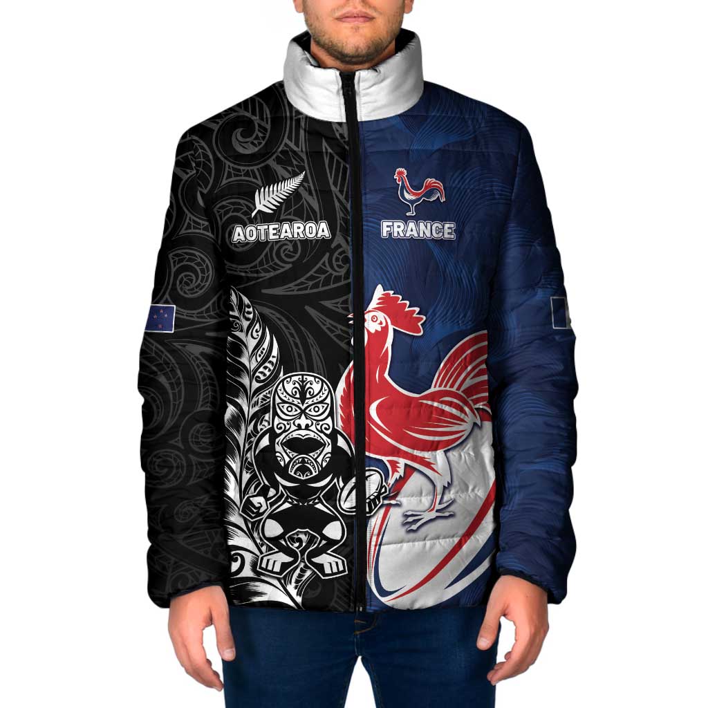 France And New Zealand Rugby Custom Padded Jacket Les Bleus Rooster With Maori Tiki - Polynesian Pride