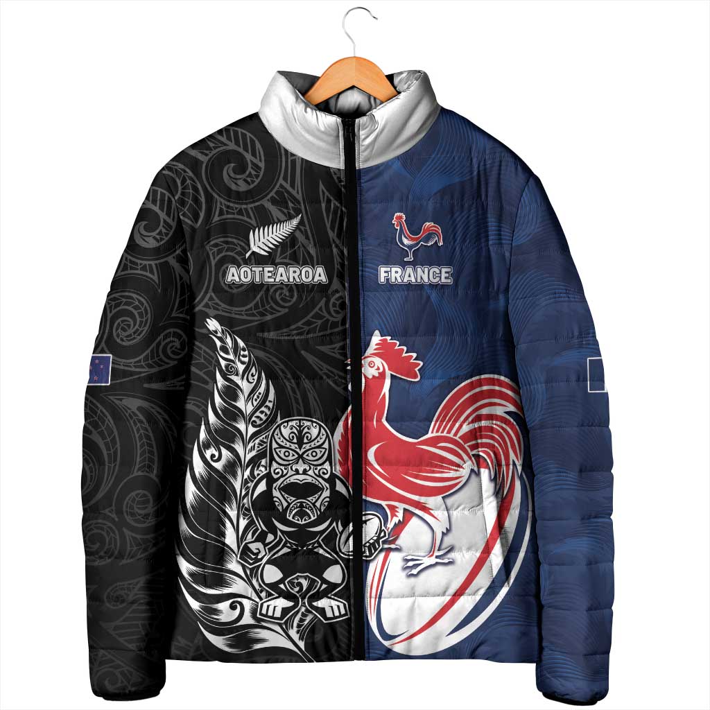 France And New Zealand Rugby Custom Padded Jacket Les Bleus Rooster With Maori Tiki - Polynesian Pride