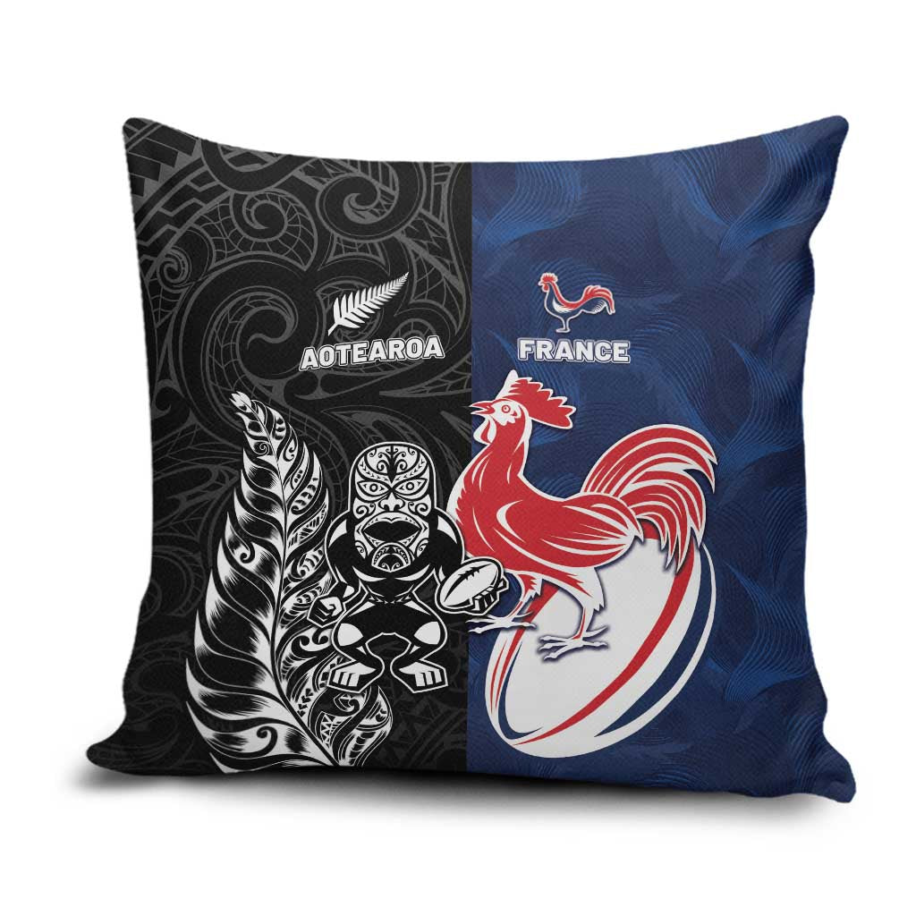 France And New Zealand Rugby Pillow Cover Les Bleus Rooster With Maori Tiki - Polynesian Pride