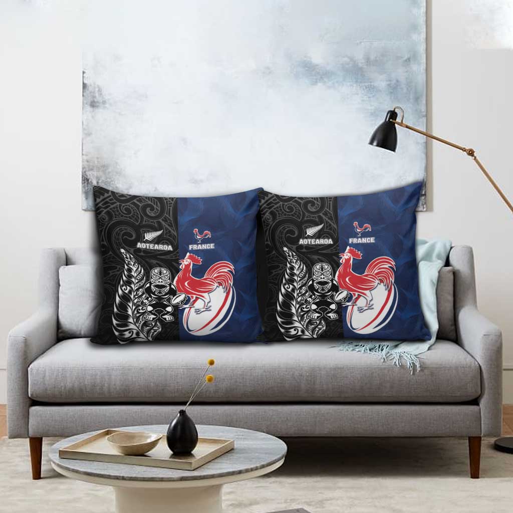 France And New Zealand Rugby Pillow Cover Les Bleus Rooster With Maori Tiki - Polynesian Pride