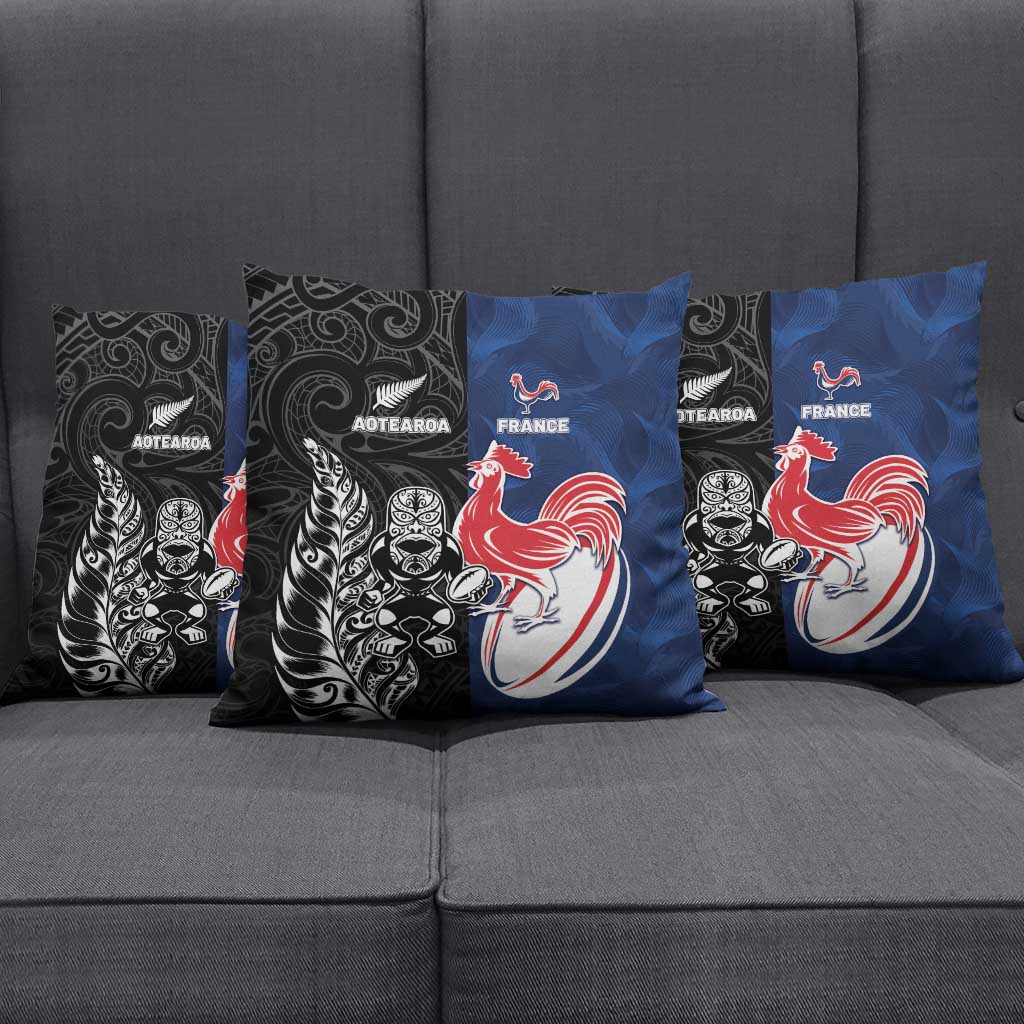 France And New Zealand Rugby Pillow Cover Les Bleus Rooster With Maori Tiki - Polynesian Pride