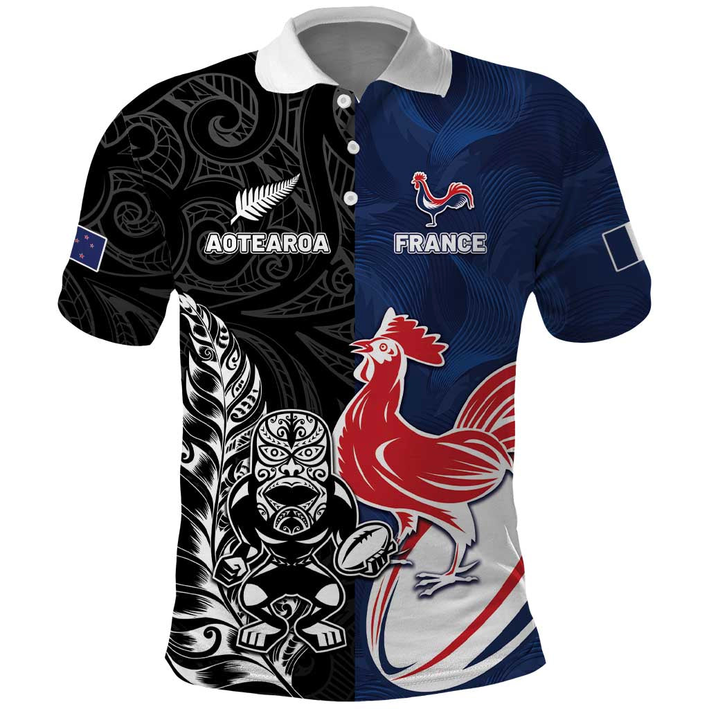 France And New Zealand Rugby Custom Polo Shirt Les Bleus Rooster With Maori Tiki - Polynesian Pride