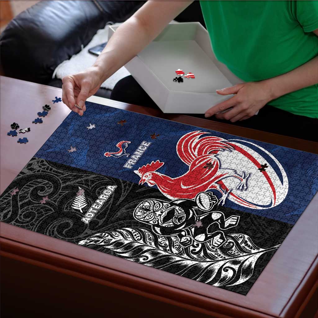 France And New Zealand Rugby Puzzle Les Bleus Rooster With Maori Tiki - Polynesian Pride