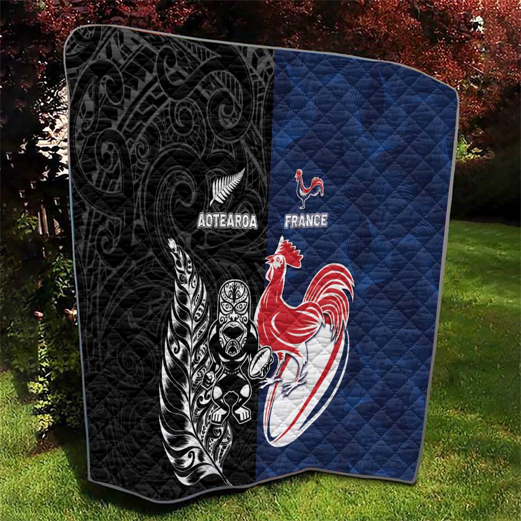 France And New Zealand Rugby Quilt Les Bleus Rooster With Maori Tiki - Polynesian Pride