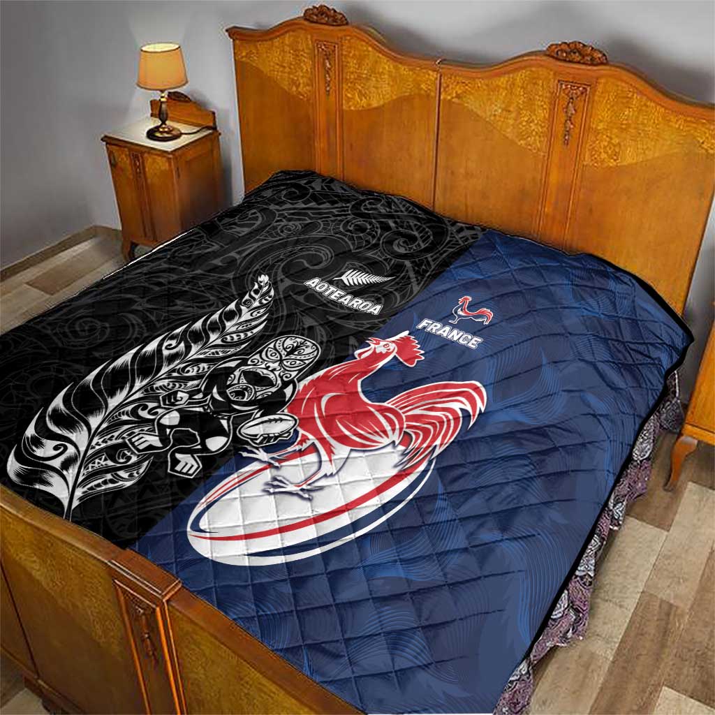 France And New Zealand Rugby Quilt Les Bleus Rooster With Maori Tiki - Polynesian Pride