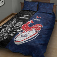 France And New Zealand Rugby Quilt Bed Set Les Bleus Rooster With Maori Tiki - Polynesian Pride