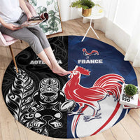 France And New Zealand Rugby Round Carpet Les Bleus Rooster With Maori Tiki - Polynesian Pride