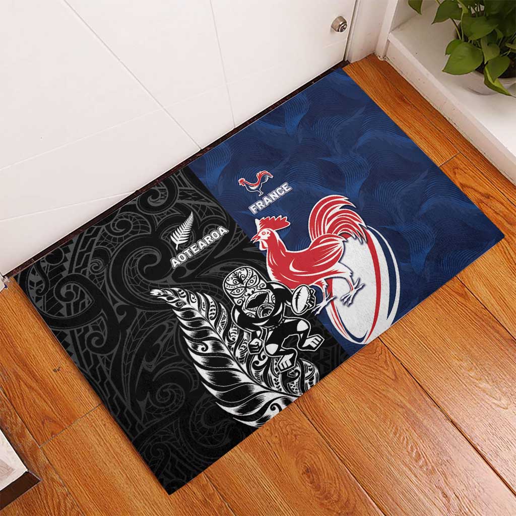 France And New Zealand Rugby Rubber Doormat Les Bleus Rooster With Maori Tiki - Polynesian Pride