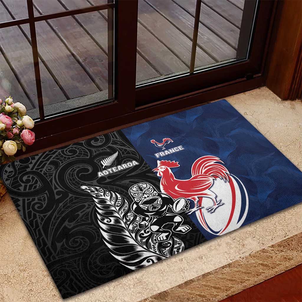 France And New Zealand Rugby Rubber Doormat Les Bleus Rooster With Maori Tiki - Polynesian Pride