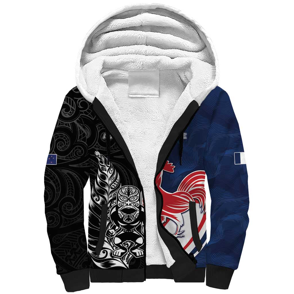 France And New Zealand Rugby Custom Sherpa Hoodie Les Bleus Rooster With Maori Tiki - Polynesian Pride