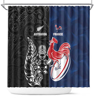 France And New Zealand Rugby Shower Curtain Les Bleus Rooster With Maori Tiki - Polynesian Pride