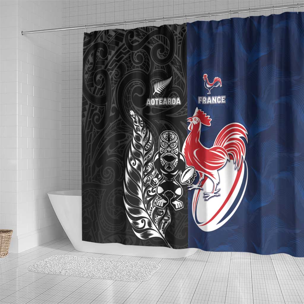 France And New Zealand Rugby Shower Curtain Les Bleus Rooster With Maori Tiki - Polynesian Pride