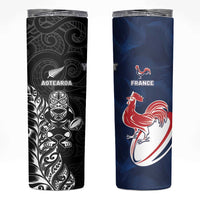 France And New Zealand Rugby Custom Skinny Tumbler Les Bleus Rooster With Maori Tiki - Polynesian Pride