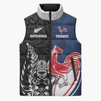 France And New Zealand Rugby Custom Sleeveless Puffer Jacket Les Bleus Rooster With Maori Tiki - Polynesian Pride
