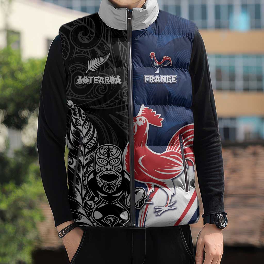 France And New Zealand Rugby Custom Sleeveless Puffer Jacket Les Bleus Rooster With Maori Tiki - Polynesian Pride