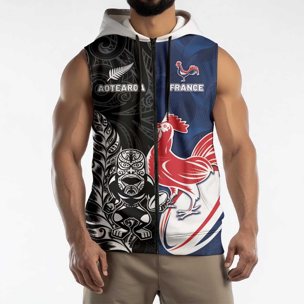 France And New Zealand Rugby Custom Sleeveless Zip Hoodie Les Bleus Rooster With Maori Tiki - Polynesian Pride