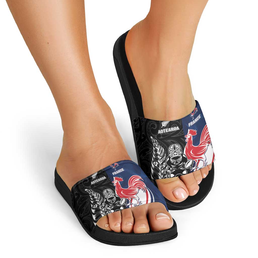 France And New Zealand Rugby Slide Sandals Les Bleus Rooster With Maori Tiki - Polynesian Pride