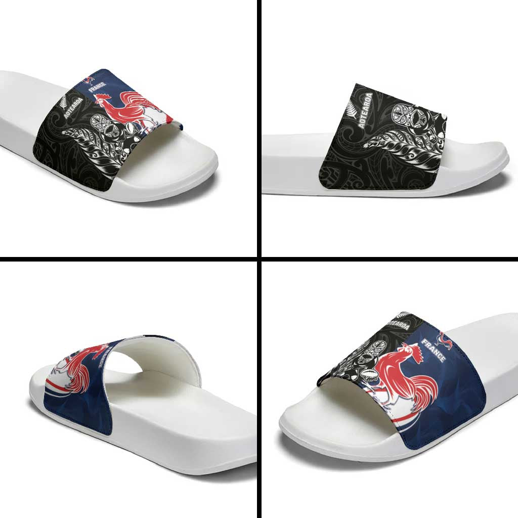 France And New Zealand Rugby Slide Sandals Les Bleus Rooster With Maori Tiki - Polynesian Pride