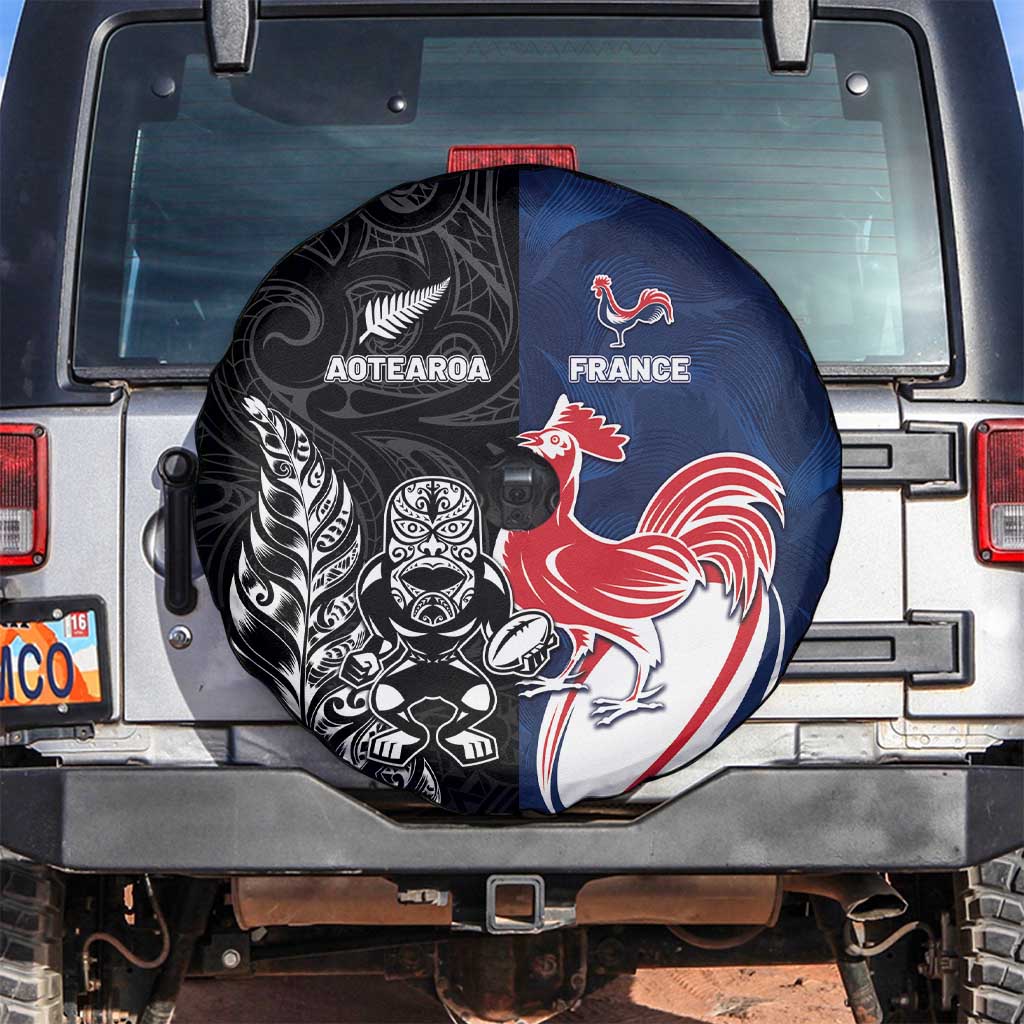 France And New Zealand Rugby Spare Tire Cover Les Bleus Rooster With Maori Tiki - Polynesian Pride