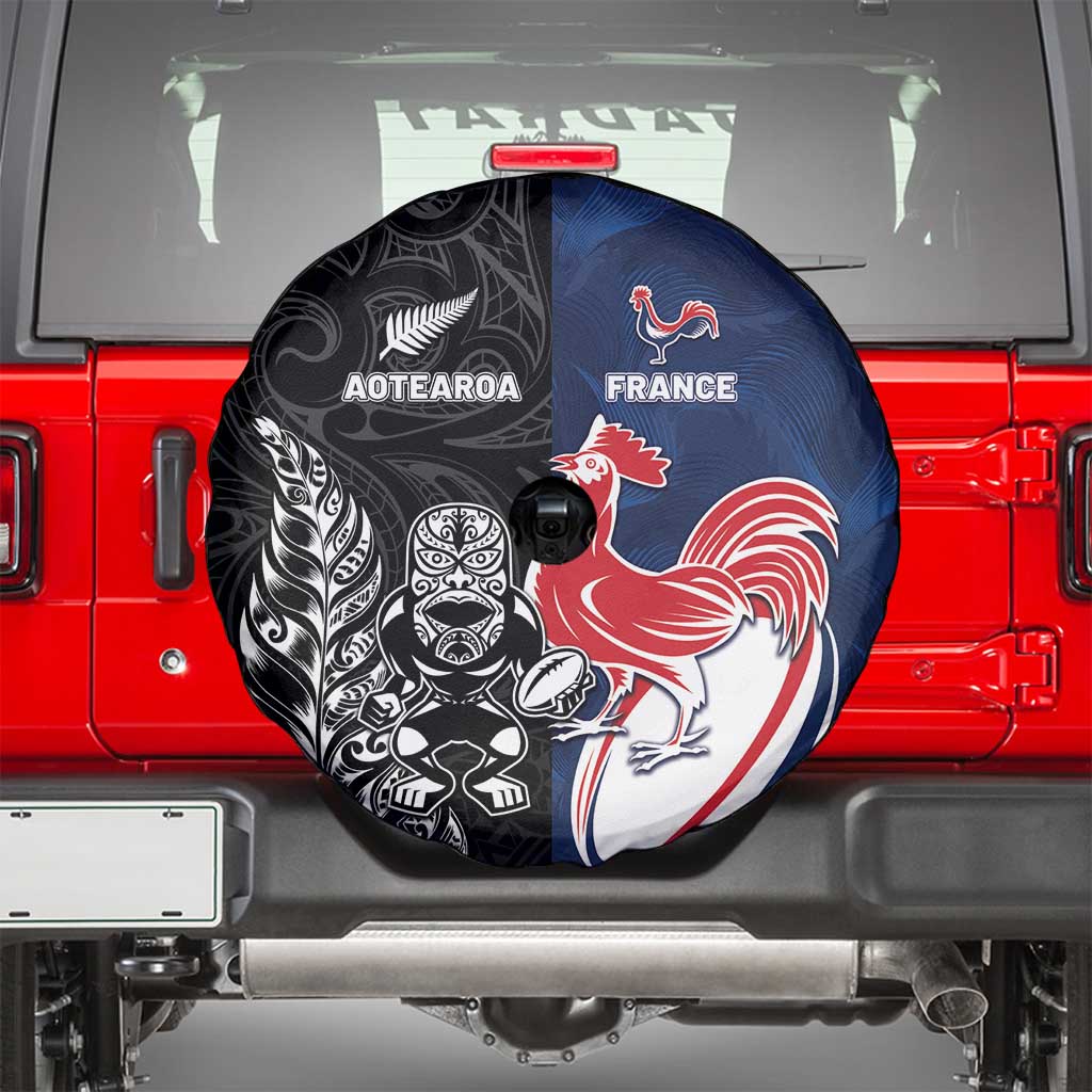 France And New Zealand Rugby Spare Tire Cover Les Bleus Rooster With Maori Tiki - Polynesian Pride