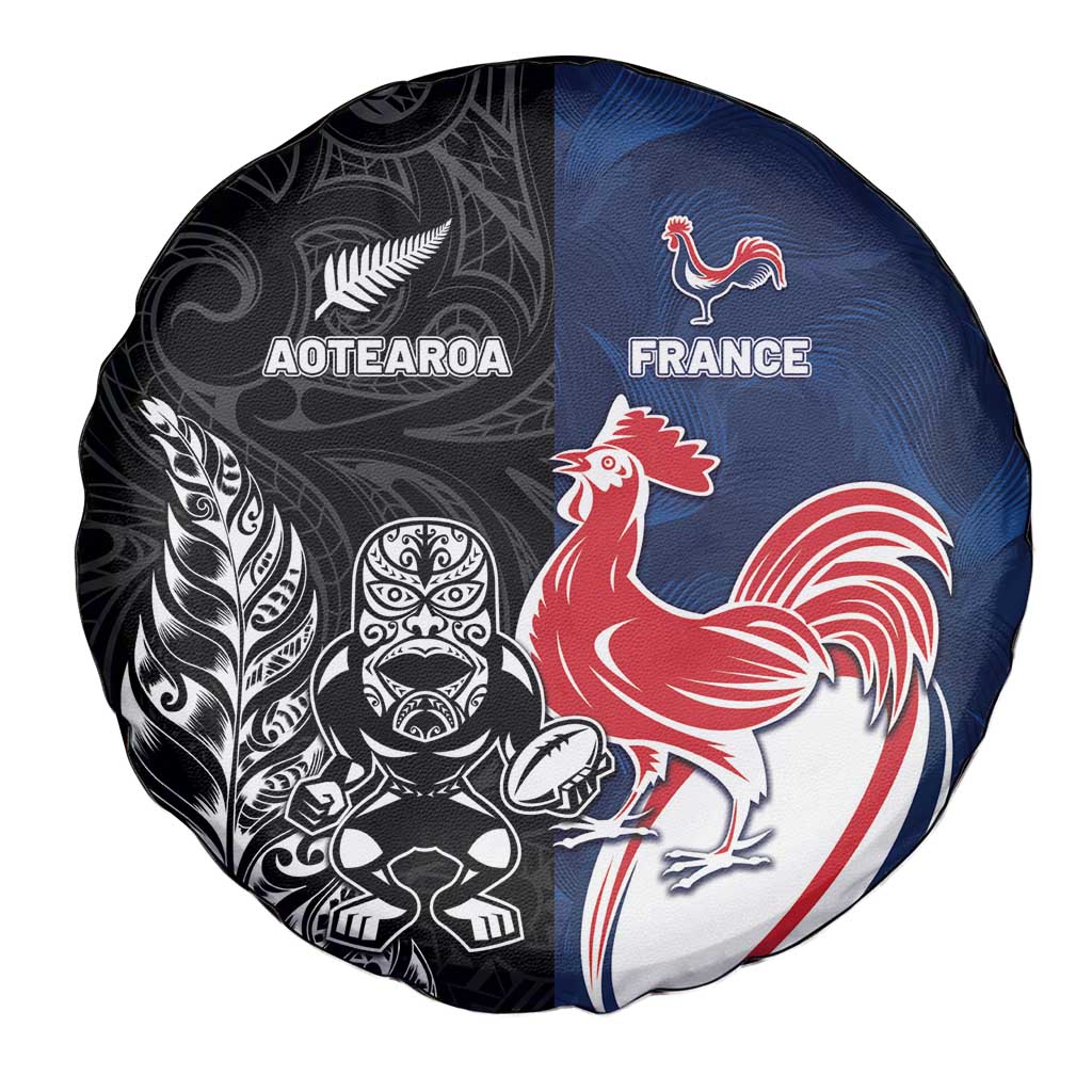 France And New Zealand Rugby Spare Tire Cover Les Bleus Rooster With Maori Tiki - Polynesian Pride
