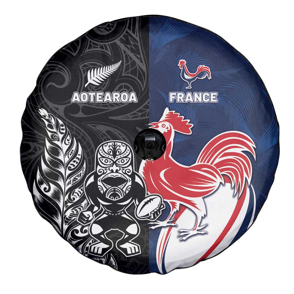 France And New Zealand Rugby Spare Tire Cover Les Bleus Rooster With Maori Tiki - Polynesian Pride