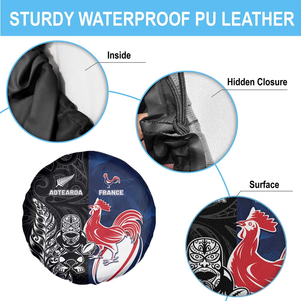 France And New Zealand Rugby Spare Tire Cover Les Bleus Rooster With Maori Tiki - Polynesian Pride