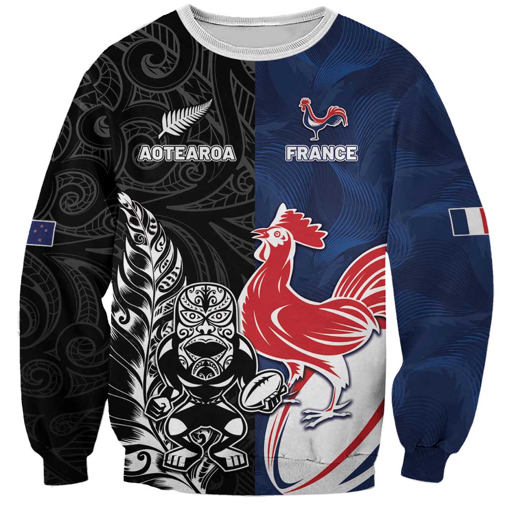 France And New Zealand Rugby Custom Sweatshirt Les Bleus Rooster With Maori Tiki LT05 Unisex Black - Polynesian Pride