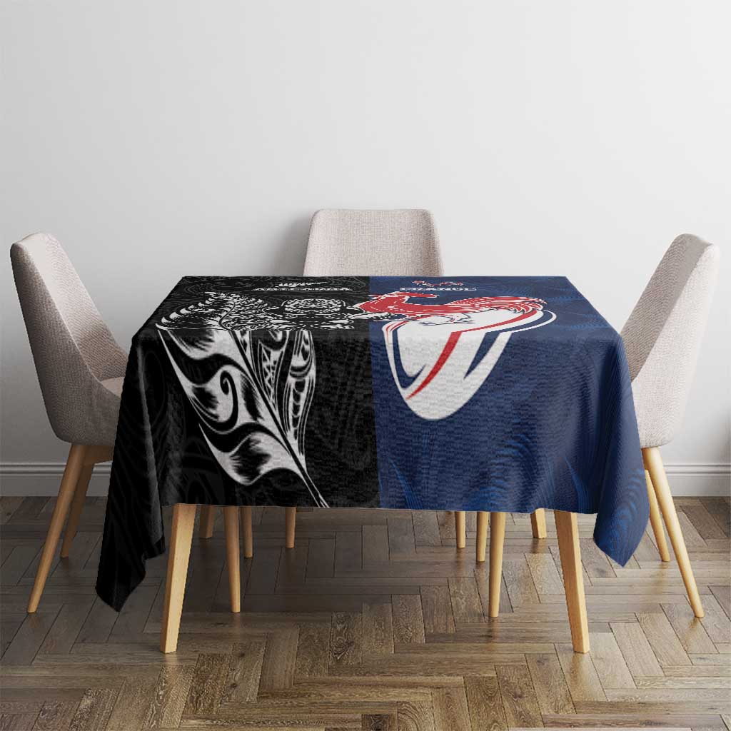 France And New Zealand Rugby Tablecloth Les Bleus Rooster With Maori Tiki - Polynesian Pride