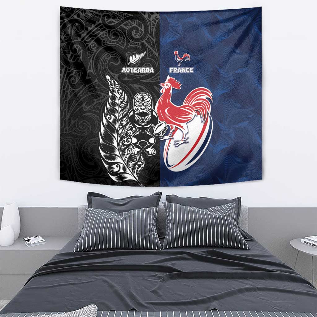 France And New Zealand Rugby Tapestry Les Bleus Rooster With Maori Tiki - Polynesian Pride