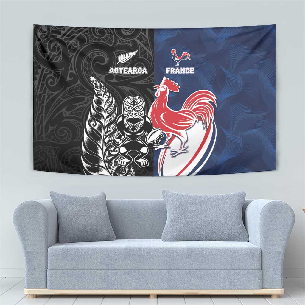 France And New Zealand Rugby Tapestry Les Bleus Rooster With Maori Tiki - Polynesian Pride