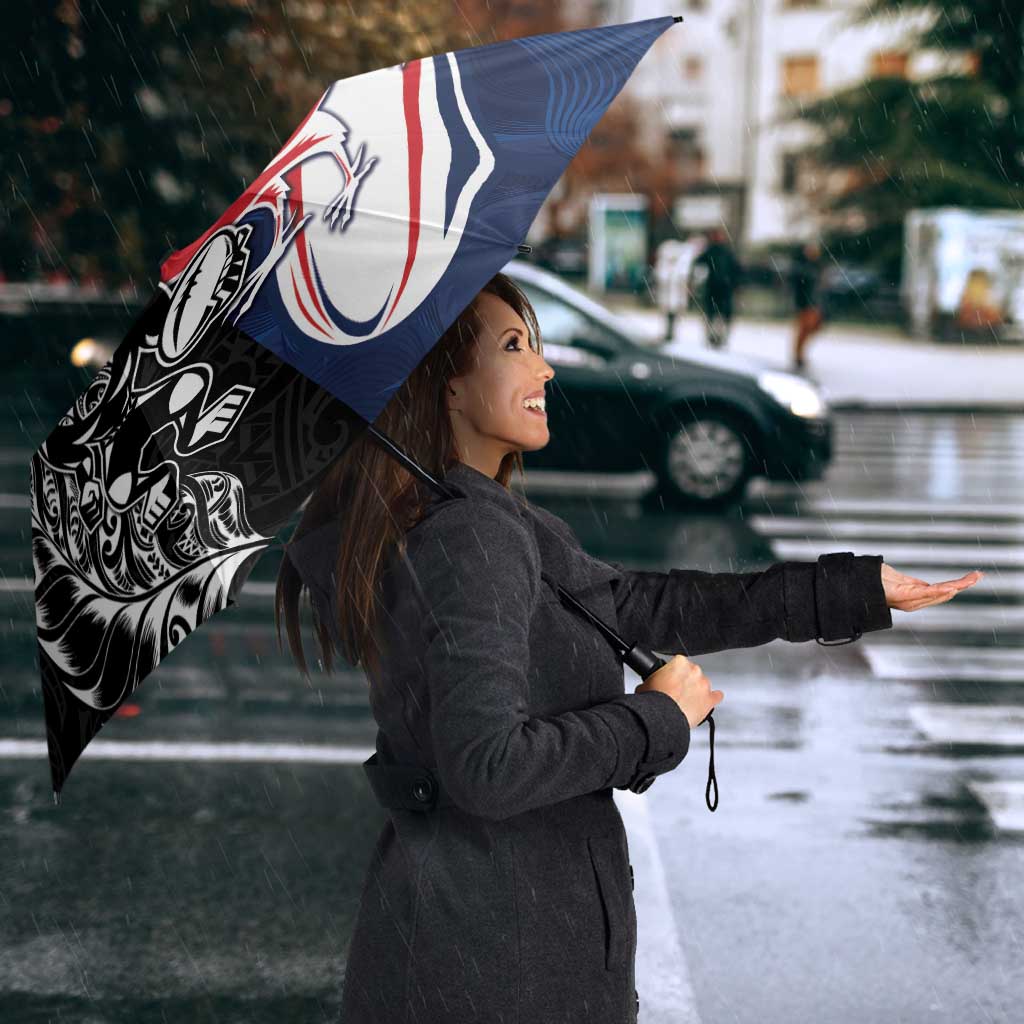 France And New Zealand Rugby Umbrella Les Bleus Rooster With Maori Tiki - Polynesian Pride