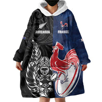 France And New Zealand Rugby Custom Wearable Blanket Hoodie Les Bleus Rooster With Maori Tiki - Polynesian Pride