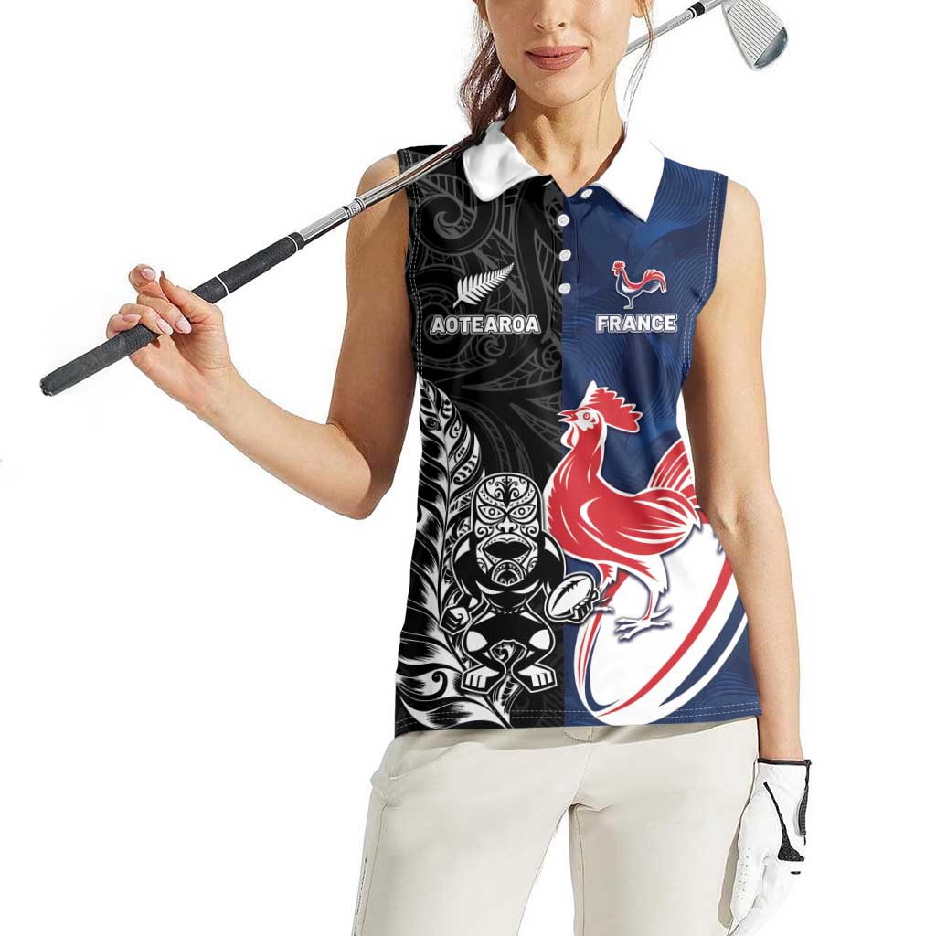 France And New Zealand Rugby Custom Women Sleeveless Polo Shirt Les Bleus Rooster With Maori Tiki - Polynesian Pride