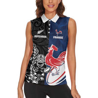 France And New Zealand Rugby Custom Women Sleeveless Polo Shirt Les Bleus Rooster With Maori Tiki - Polynesian Pride
