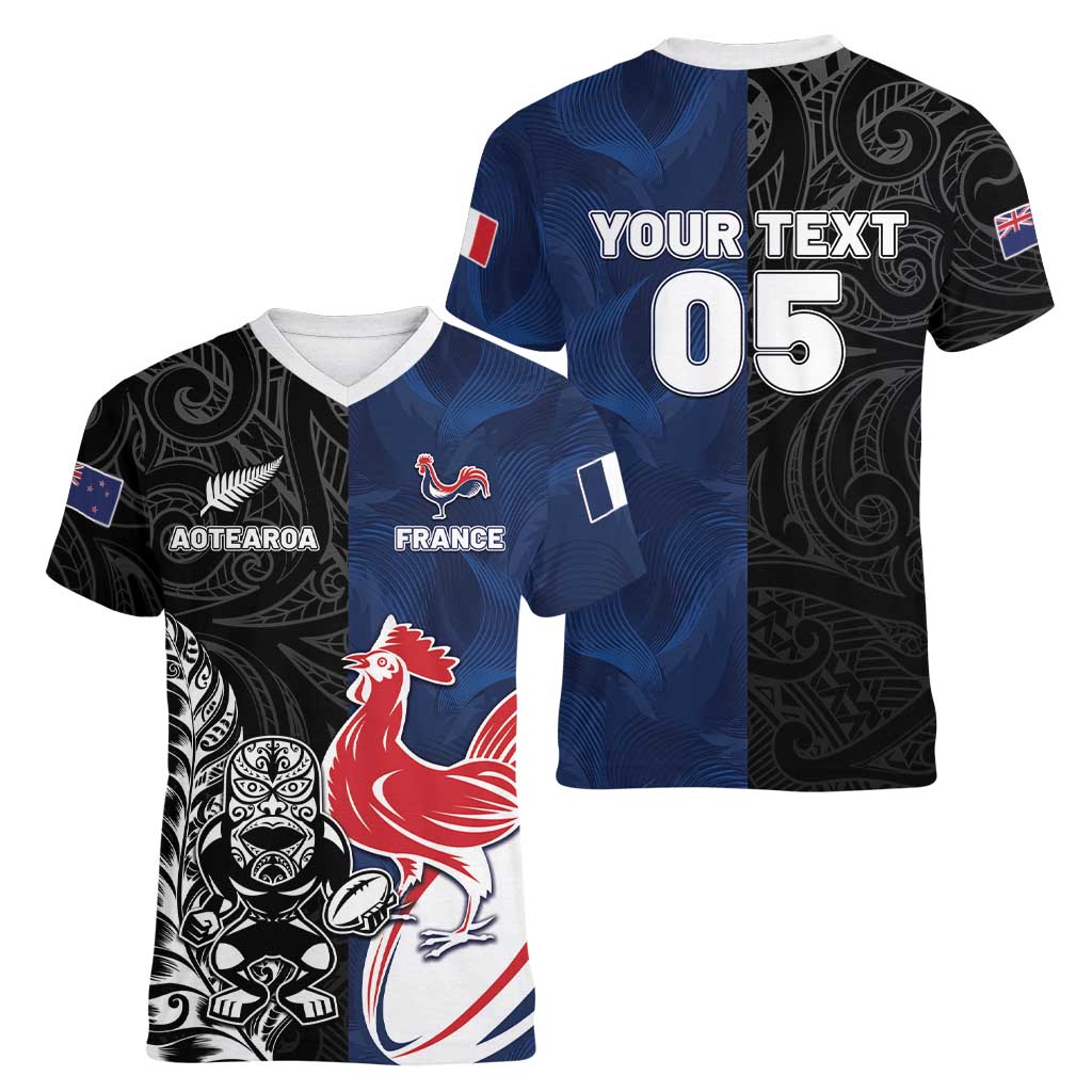 France And New Zealand Rugby Custom Women V-Neck T-Shirt Les Bleus Rooster With Maori Tiki - Polynesian Pride