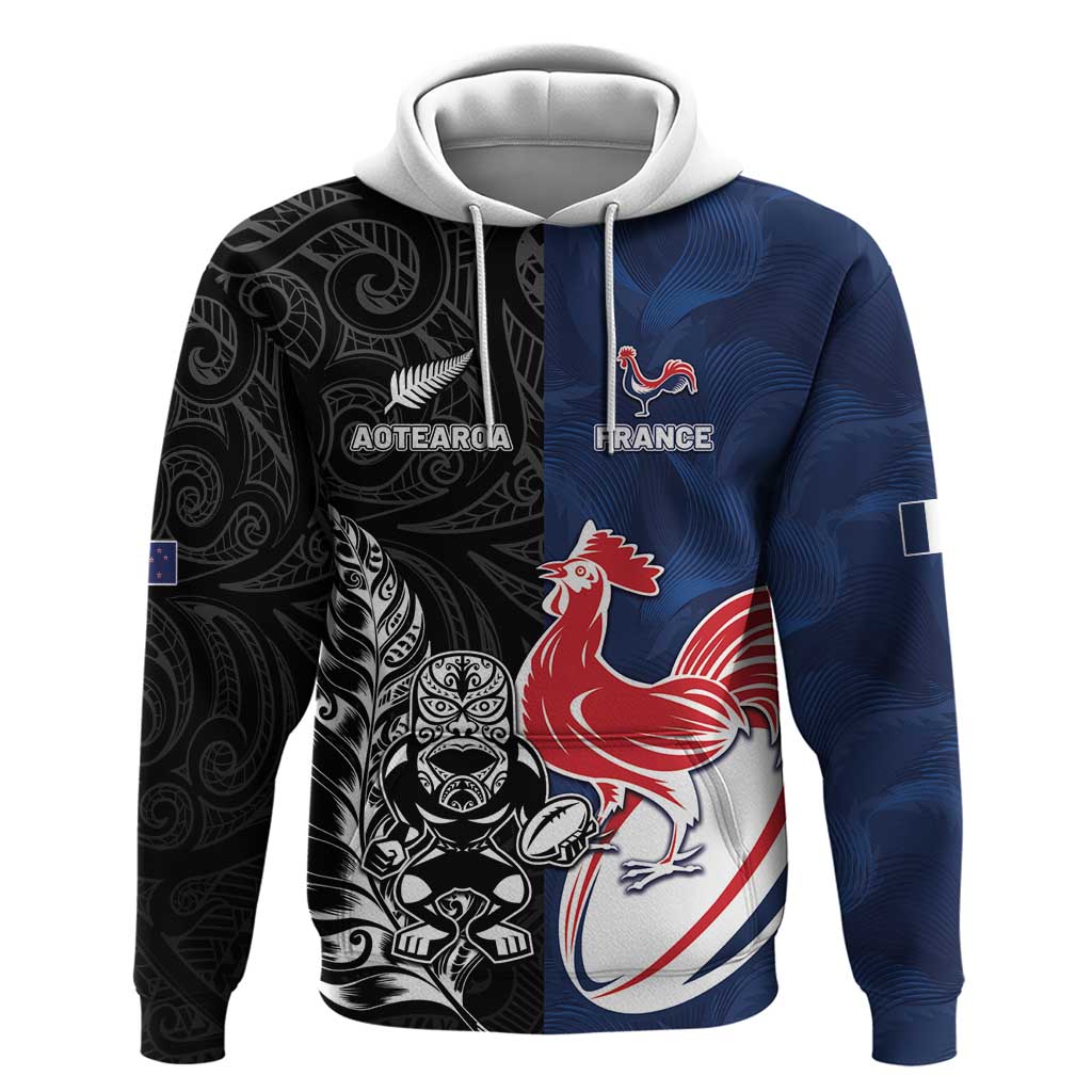 France And New Zealand Rugby Custom Zip Hoodie Les Bleus Rooster With Maori Tiki - Polynesian Pride
