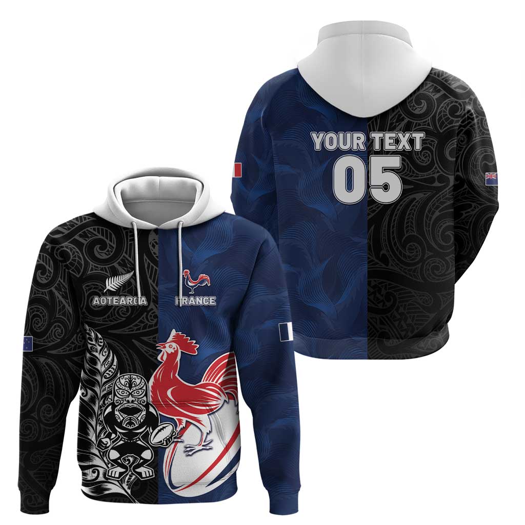 France And New Zealand Rugby Custom Zip Hoodie Les Bleus Rooster With Maori Tiki - Polynesian Pride