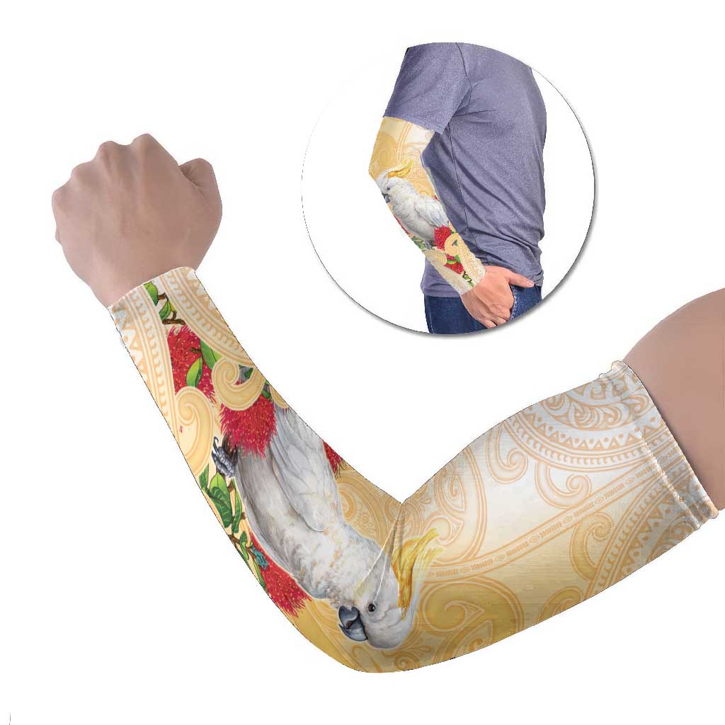 New Zealand Aotearoa Cockatoo Arm Sleeves Maori Pattern With Pohutukawa Flowers LT05 Set of 2 Beige - Polynesian Pride