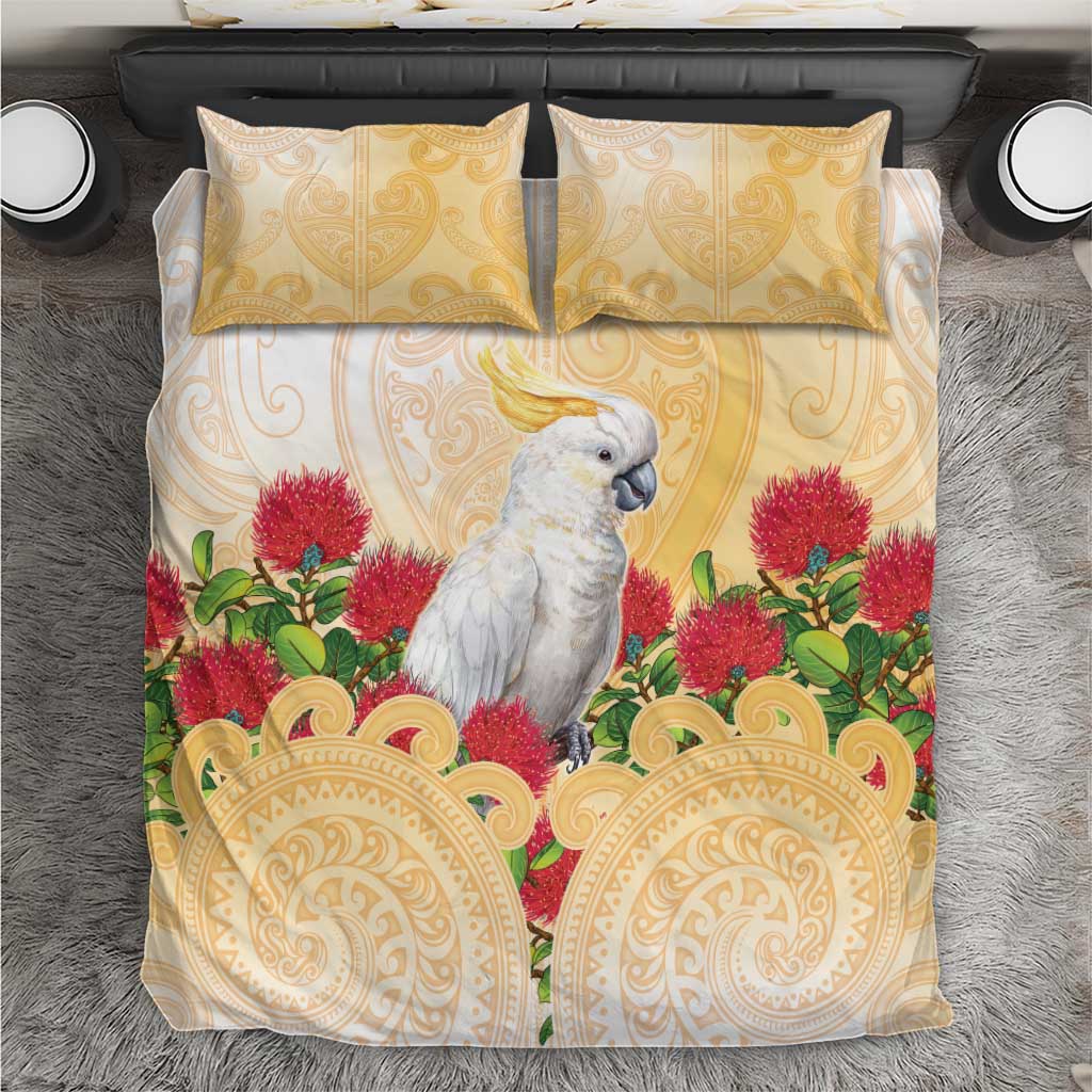 New Zealand Aotearoa Cockatoo Bedding Set Maori Pattern With Pohutukawa Flowers