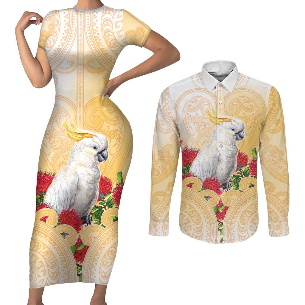 New Zealand Aotearoa Cockatoo Couples Matching Short Sleeve Bodycon Dress and Long Sleeve Button Shirt Maori Pattern With Pohutukawa Flowers