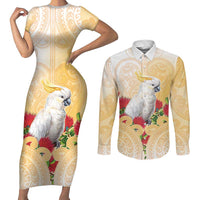 New Zealand Aotearoa Cockatoo Couples Matching Short Sleeve Bodycon Dress and Long Sleeve Button Shirt Maori Pattern With Pohutukawa Flowers