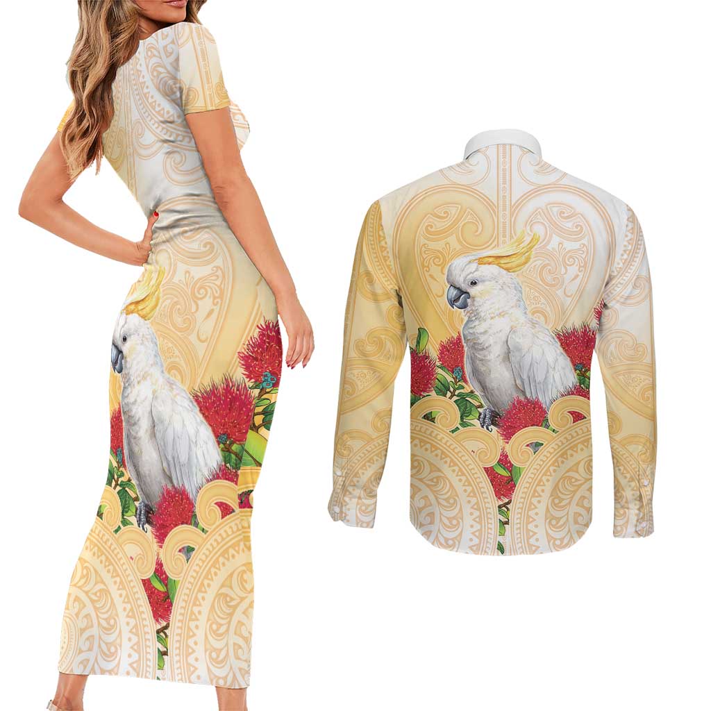 New Zealand Aotearoa Cockatoo Couples Matching Short Sleeve Bodycon Dress and Long Sleeve Button Shirt Maori Pattern With Pohutukawa Flowers